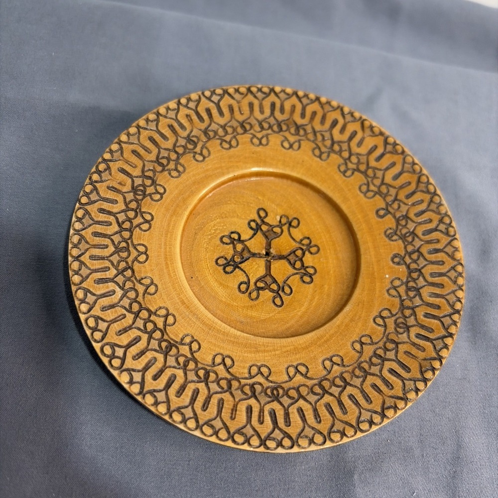 Vintage Wooden Trinket Dish/Saucer Etched Folk Art Design Boho Style 4.25" Dia